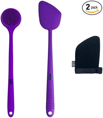 Bendable Long Handled Silicone Back & Scalp Scrubber & Lotion Applicator for Back Bundle (Purple)