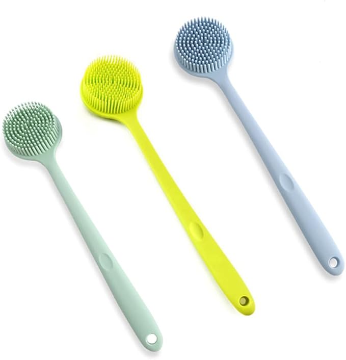 Bath Brush Double Sided Silicone Back Scrubber Bath Shower Long Handle Body Massage Brush Deep Blue
