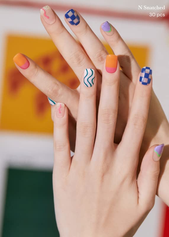 ohora Semi Cured Gel Nail Strips (N Snatched) - Blue, Patterned, Works with Any UV/LED Lamps, Salon-Quality, Long Lasting, Easy to Apply & Remove - Includes 2 Prep Pads, Nail File & Wooden Stick
