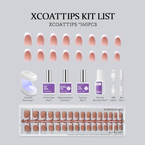 BTArtboxnails XCOATTIPS White French Tip Press On Nails, S Coffin, Brown | Lamp-Curable, 4-Week Wear, Salon Quality Value at Home, 160 Nail Tips, Glue, Builder Gel, Top Coat, Nail Lamp, All-in-one Kit