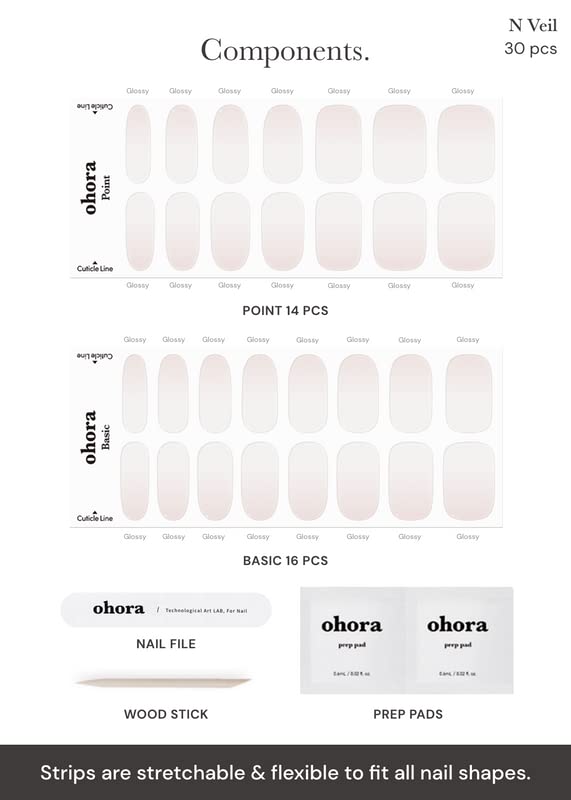 ohora Semi Cured Gel Nail Strips (N Veil) - White, Ombre, Works with Any UV/LED Lamps, Salon-Quality, Long Lasting, Easy to Apply & Remove - Includes 2 Prep Pads, Nail File & Wooden Stick