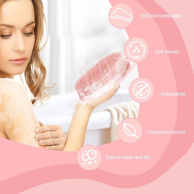 Soft Silicone Body Scrubber 2 PCS Silicone Body Shower, Silicone Loofah 2 in 1 Bath and Shampoo Brush, Body Scrubber Shower Cleaning Exfoliating Use for Sensitive Skin, Lather Well(Pink and Blue)