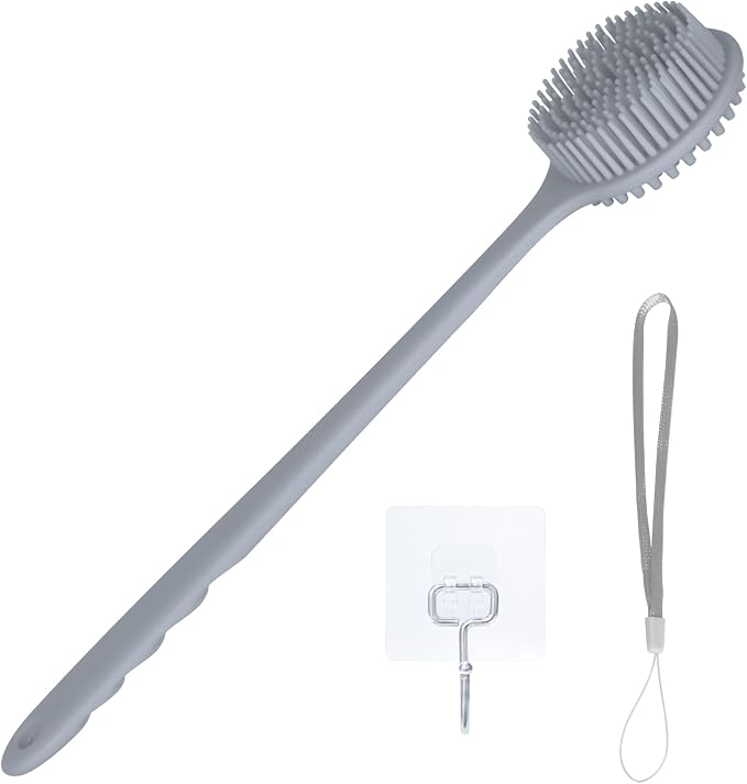 KXF Silicone Back Scrubber for Shower Bath Body Brush with Long Handle Double Sided Exfoliating Shower Brush with a Hook and a Lanyard
