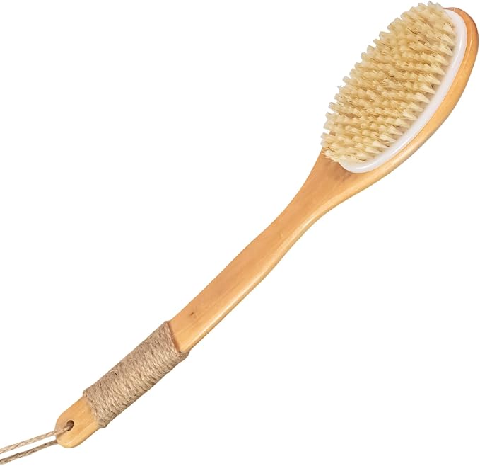 16.5 Inches Back Scrubber for Shower with Curved Long Handle,Wet&Dry Brushing Body Brush,Natural Bristles,Back Scrubber Bath Tool for Men & Women