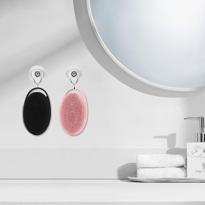 2 Pack Silicone Body Scrubber with Loofah Exfoliating Soft Body Shower Scrubber for Skin, 2 in 1 Bath and Shampoo Wash Brush for Skin Exfoliation Men Women (Black&Pink)