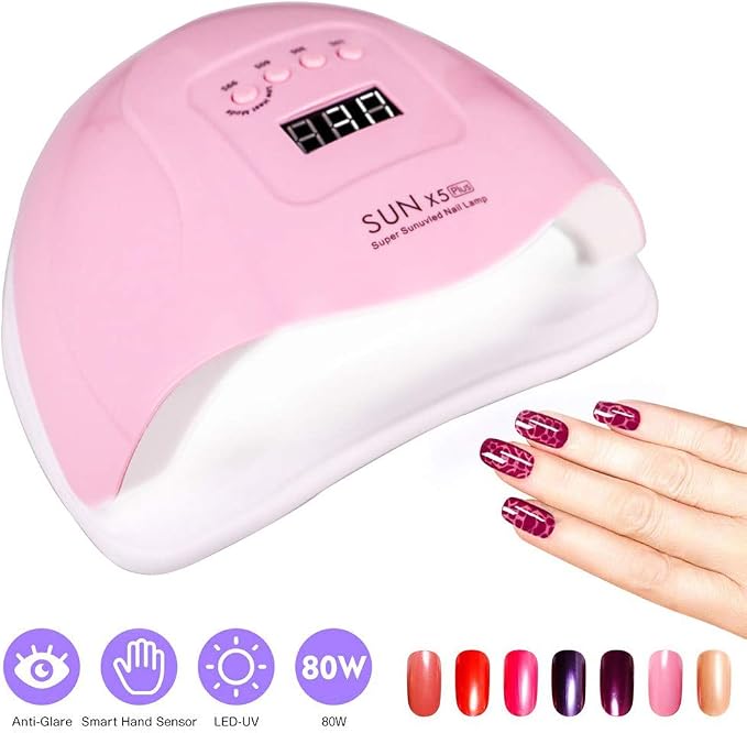 UV LED Nail Lamp, 80W Professional Gel Dryer, 4 Timers, Temp Protect | Smart Sensor Auto On/Off, Fast Drying for Fingers and Toes, Home Salon Manicure Light, Pink
