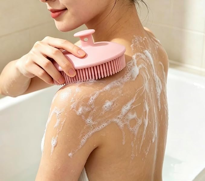 Silicone Body Scrubber, 2 in 1 Exfoliating Shower Bath Scrubber, Soft Silicone Loofah for Sensitive Skin, Shower Hair Scalp Massager, Easy to Clean, Lather Well (Brown)