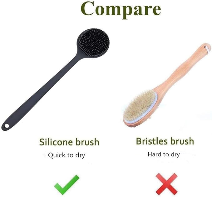 Long Handle Body Scrubber, 15 inch Length, Soft Silicone Bristles, Double-Sided Bath Brush for Back Exfoliation