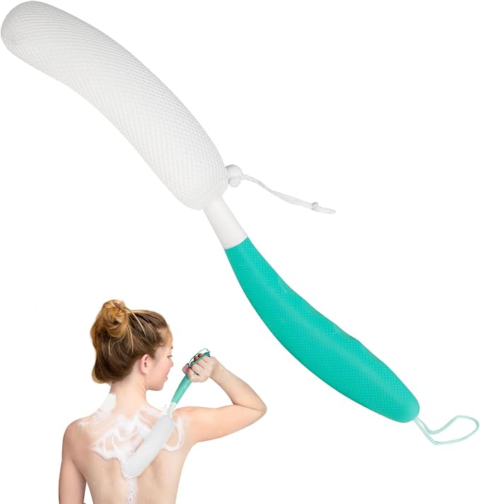 Back Scrubber for Shower,15.35" Long Handle Shower Brush for Body | Back Brush for Shower for Men Women, Long Handled Bath Sponge for Deep Clean,Exfoliating,Anti-Slip Curve Handled