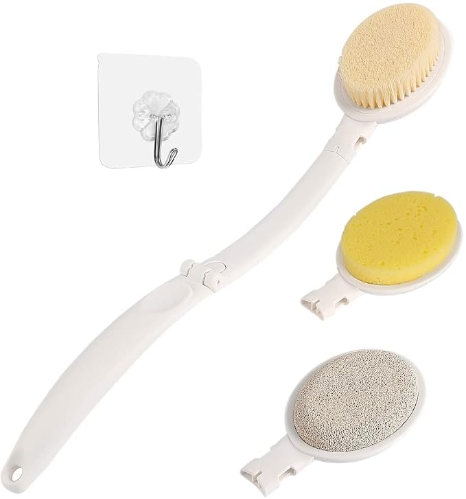 LFJ 19" Long Handle Shower Sponge Brush Set | 3 in 1 Body Brush, Bath Sponge and Lotion Applicator Improved Skin Health, Suitable for Men and Women, Foldable