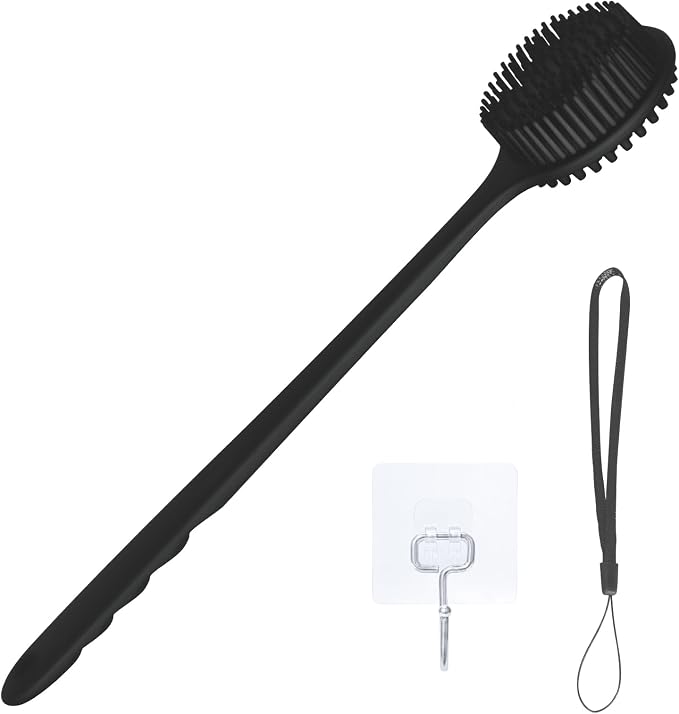 KXF Silicone Back Scrubber for Shower Bath Body Brush with Long Handle Double Sided Exfoliating Shower Brush with a Hook and a Lanyard