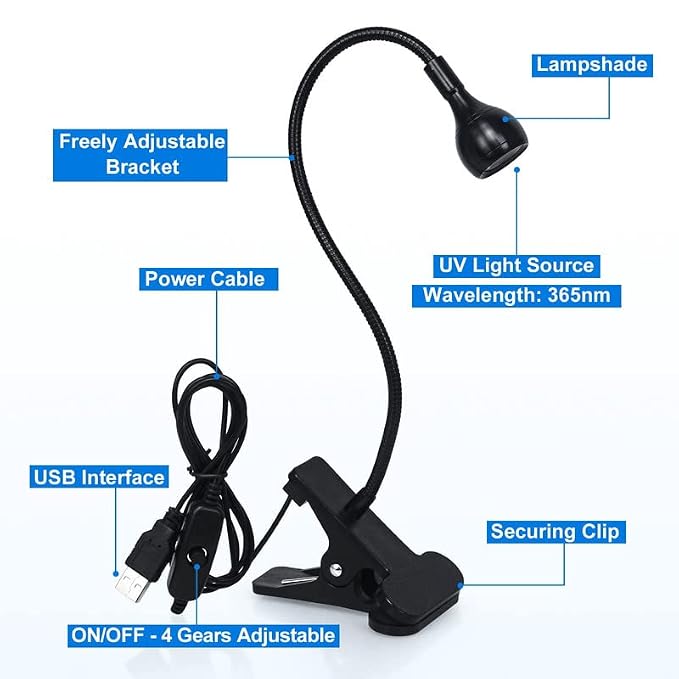 mlogiroa Clip-On UV Nail Light with Flexible Gooseneck, USB Powered | Hands-free table clamp, Adjustable light angle, Compact nail art tool for rhinestones, Gel polish touch-ups and small details
