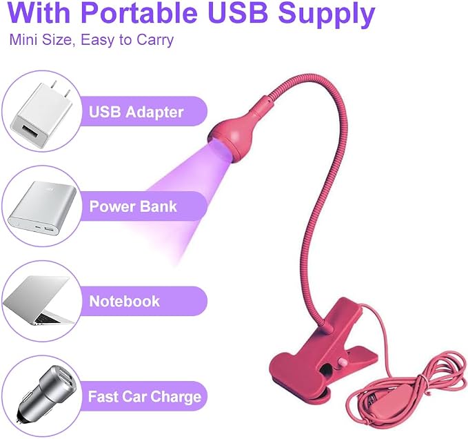 UV LED Lamp, 3W Portable Clamp Desk Lamp for Gel Nails, Mobile Repair, Rose | Ultraviolet Phone Glue Curing Lamp,Portable Clamp Flexible Desk Lamps for Mobile Repair,Plug and Play Rose