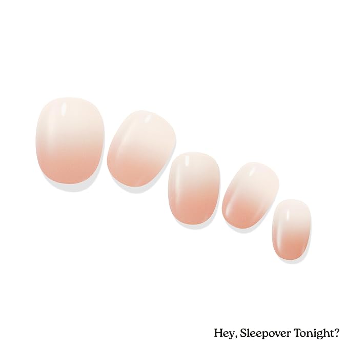 Heyhae Semi Cured Gel Nail Strips No Lamp Needed - Sleepover Tonight? | No UV Light Needed | Salon Quality, Easy Apply & Remove | 28 Strips, 1 Prep Pad, Nail File, Wooden Stick | White Ombre