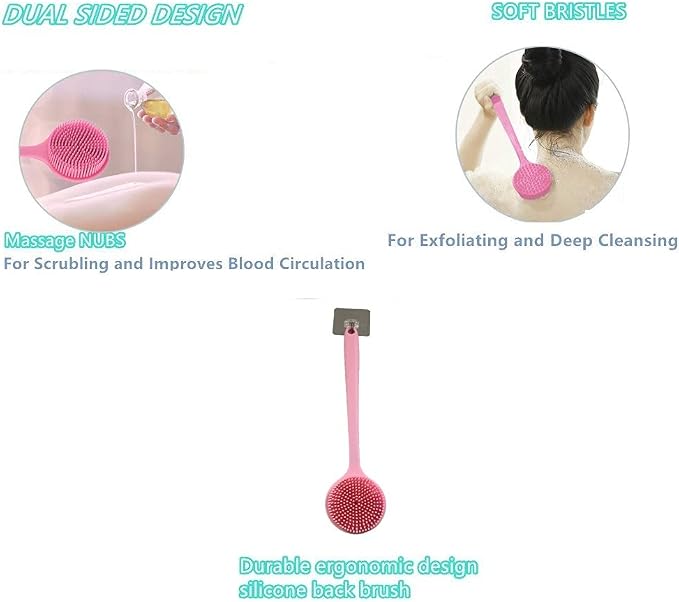 Long Handle Silicone Body Scrubber for Shower, Dual-Sided Back Scrubber Brush with Soft Bristles&Massage Nodes, Exfoliating Bath Brush for Hard to Reach Areas, Easy to Clean & Quick Dry, for Daily Use