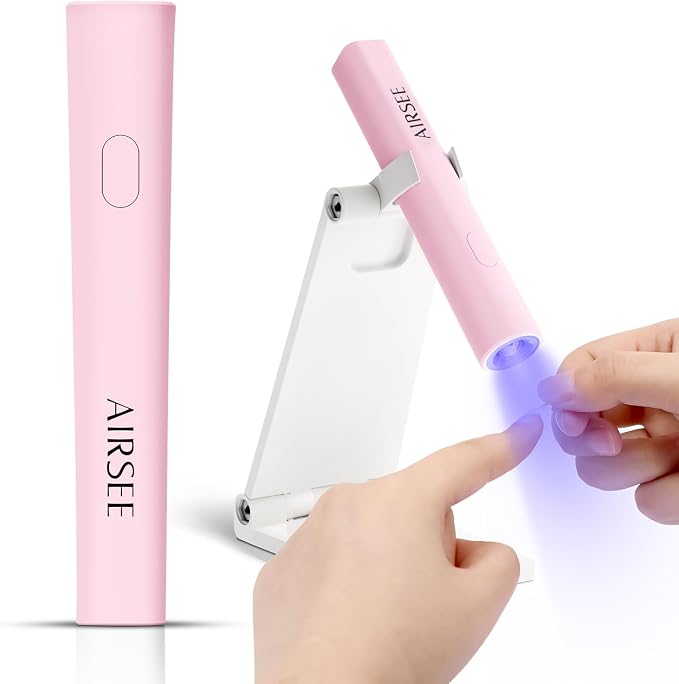 AIRSEE Mini Handheld UV Light for Gel Nails with Stand, Home & Travel,Pink | 2 Timers & Cordless,Portable Rechargeable Nail Lamps for Fast Extension,Rhinestone Glue Decoration,Gel Nail Strips