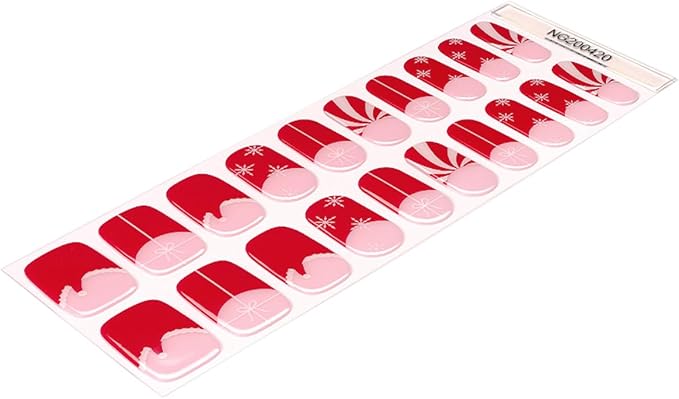 Christmas Semi Cured Gel Nail Strips - 20Pcs Xmas Hat UV Gel Nail Wraps with Snowflake & Bow Design, Long Lasting Salon-Quality Stickers, Includes Nails File & Wooden Stick - UV/LED Lamp Required