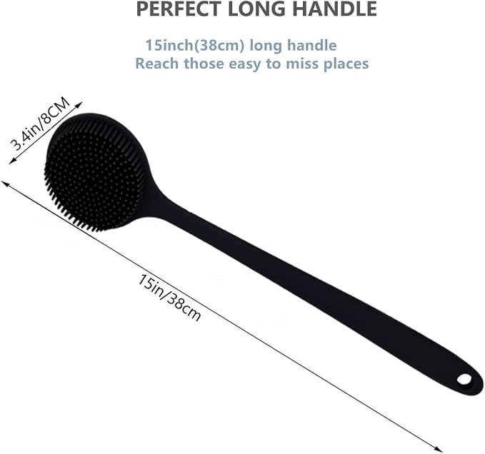 Long Handle Body Scrubber, 15 inch Length, Soft Silicone Bristles, Double-Sided Bath Brush for Back Exfoliation