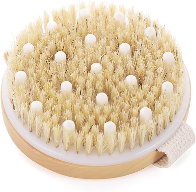 Bamboo Dry Body Brush Back Scrubber for Shower Handheld Bath Massage Brushes with Silicone Nodes Natural Bristle Brushing Exfoliator