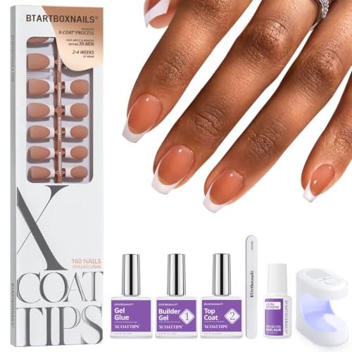 BTArtboxnails XCOATTIPS White French Tip Press On Nails, S Coffin, Brown | Lamp-Curable, 4-Week Wear, Salon Quality Value at Home, 160 Nail Tips, Glue, Builder Gel, Top Coat, Nail Lamp, All-in-one Kit