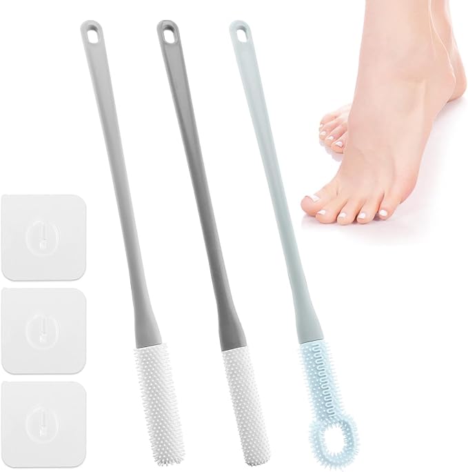 CALIDAKA 3 Pack Toe Scrubber Brush,with 15.75" Long Handle Silicone Shower Foot Scrubber,Toe Cleaning Brush,No Bending to Remove The Dead Skin of The Feet,for Elderly, Pregnant Women