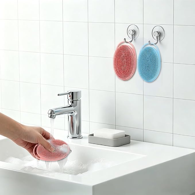 Silicone Body Scrubber 2 Pack Silicone Loofah Exfoliating Body Scrubber Soft Silicone Shower Brush with Handle Double Sided Bath Body Brush for Women Men Cleaning Massage Sensitive Skin, (Pink, Blue)