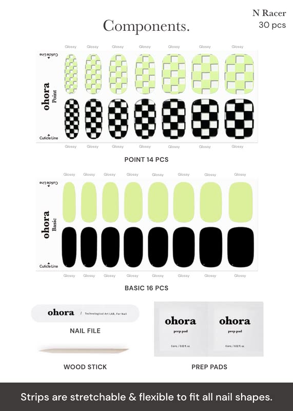 ohora Semi Cured Gel Nail Strips (N Racer) - Green, Patterned, Works with Any UV/LED Lamps, Salon-Quality, Long Lasting, Easy to Apply & Remove