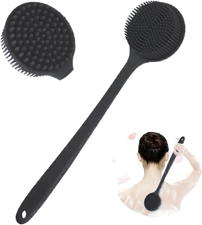 Long Handle Body Scrubber, 15 inch Length, Soft Silicone Bristles, Double-Sided Bath Brush for Back Exfoliation