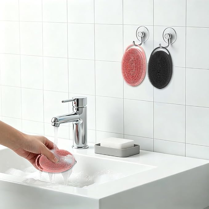 Silicone Body Scrubber 2 Pack Silicone Loofah Exfoliating Body Scrubber Soft Silicone Shower Brush with Handle Double Sided Bath Body Brush for Women Men Cleaning Massage Sensitive Skin, (Pink, Black)