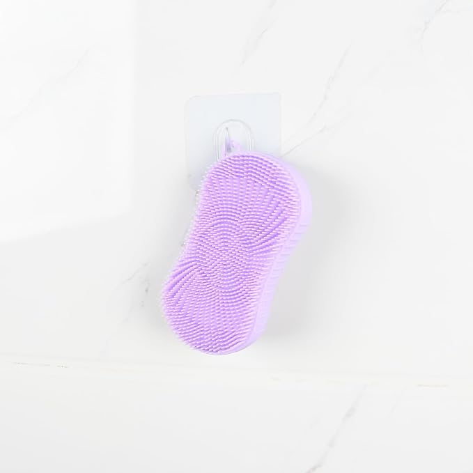 Silicone Body Scrubber, Double Sided Exfoliating Brush with Soft Flexible Bristles, Scalp Massage and Shampoo Tool with Hanger Loop (Lavender)