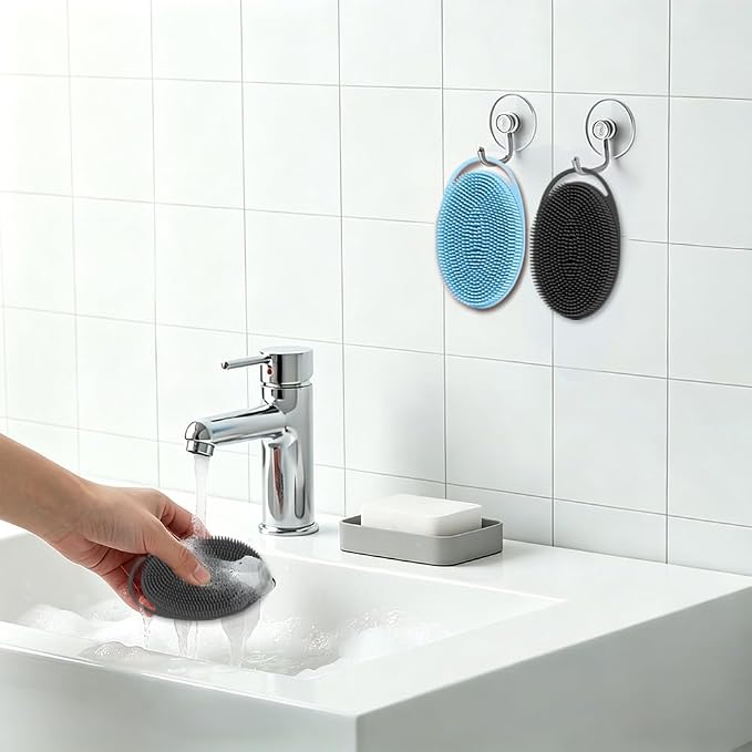 Silicone Body Scrubber 2 Pack Silicone Loofah Exfoliating Body Scrubber Soft Silicone Shower Brush with Handle Double Sided Bath Body Brush for Women Men Cleaning Massage Sensitive Skin, (Blue, Black)