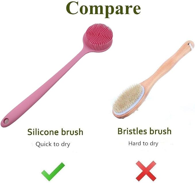 Long Handle Silicone Body Scrubber for Shower, Dual-Sided Back Scrubber Brush with Soft Bristles&Massage Nodes, Exfoliating Bath Brush for Hard to Reach Areas, Easy to Clean & Quick Dry, for Daily Use