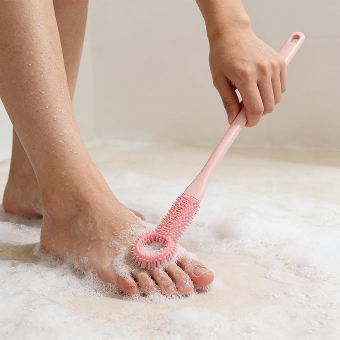 4 Pcs Toe Cleaning Brush with Long Handle - Soft Rubber Toe Cleaner & Gap Scrubber for Shower - No-Bend Foot Brush for Seniors, Men & Women
