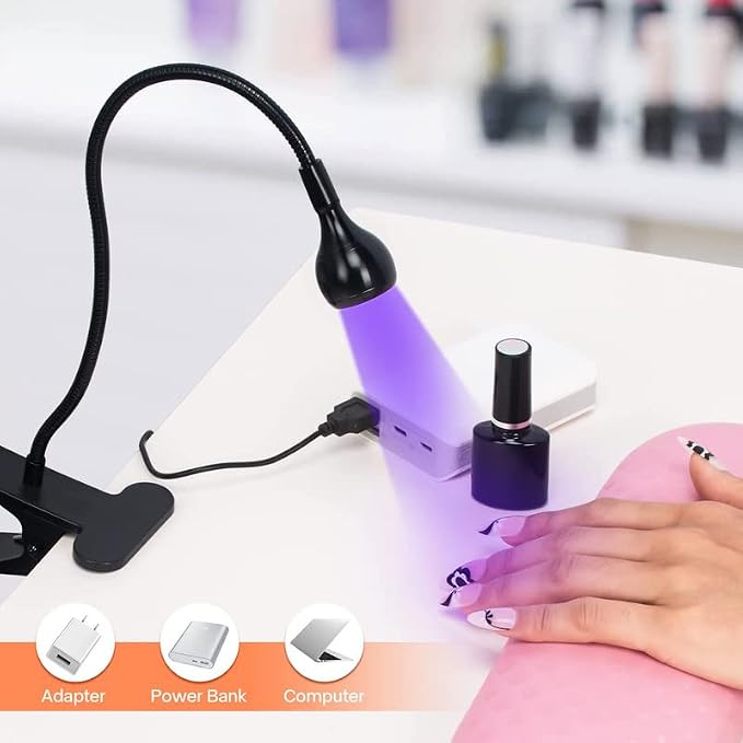 mlogiroa Clip-On UV Nail Light with Flexible Gooseneck, USB Powered | Hands-free table clamp, Adjustable light angle, Compact nail art tool for rhinestones, Gel polish touch-ups and small details