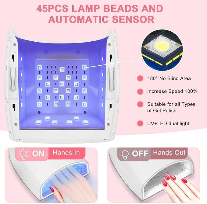 Cordless UV Nail Lamp, 96W UV LED Nail lamp for Gel Polish & Acrylic Nails, Fast Curing Nail Light with 4 Timers, Detachable Base, Auto Sensor, 45 LED Beads, Salon & Home Use (White)