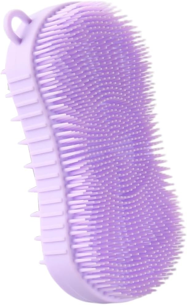 Silicone Body Scrubber, Double Sided Exfoliating Brush with Soft Flexible Bristles, Scalp Massage and Shampoo Tool with Hanger Loop (Lavender)