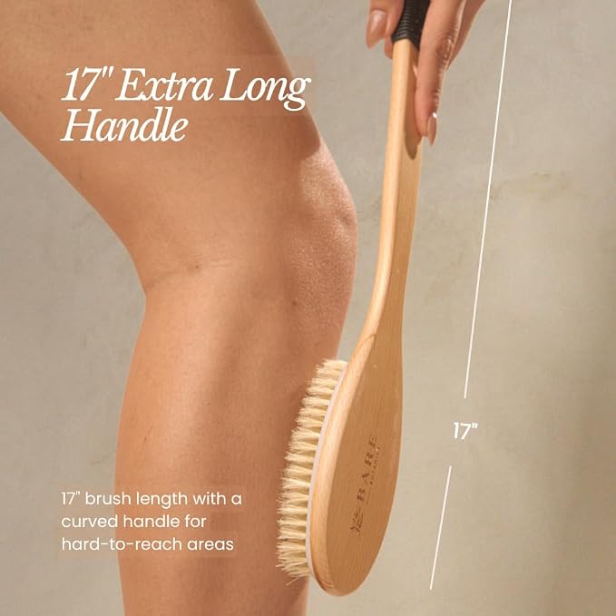 Bare Botanics 17" Extra Long Dry Body Brush - Medium Firmness Back Scrubber | Ergonomic Curved Handle with Silicone Grip and Hang Rope | Natural Bristles | For Shower Use