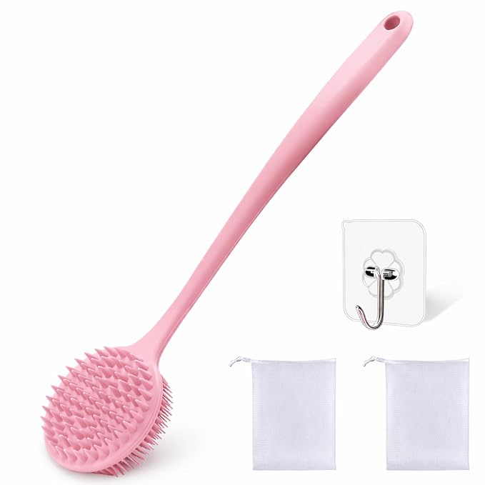 Silicone Body Scrubber for Shower Men Women – Dual-Sided Exfoliating & Massage Shower Brush with Long Handle, Creates Rich Lather, Includes 1 Hook & 2 Lather Balls (Pink).