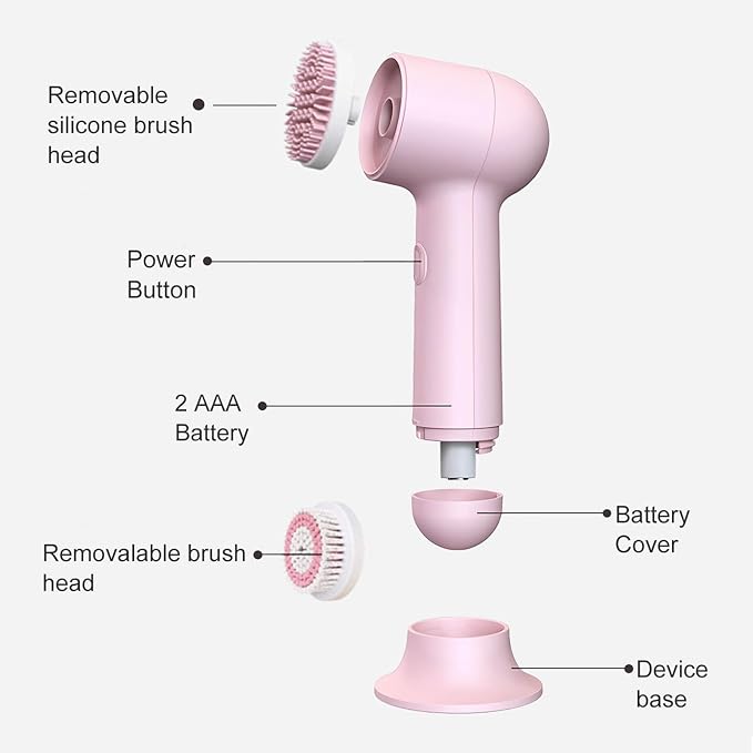 Electrical Facial Cleansing Brush, Multi-Function Face Wash Brush with Base and 2 Brush Heads, Portable Face Scrubber for Deep Skin Cleaning and Gentle Exfoliating (Pink)