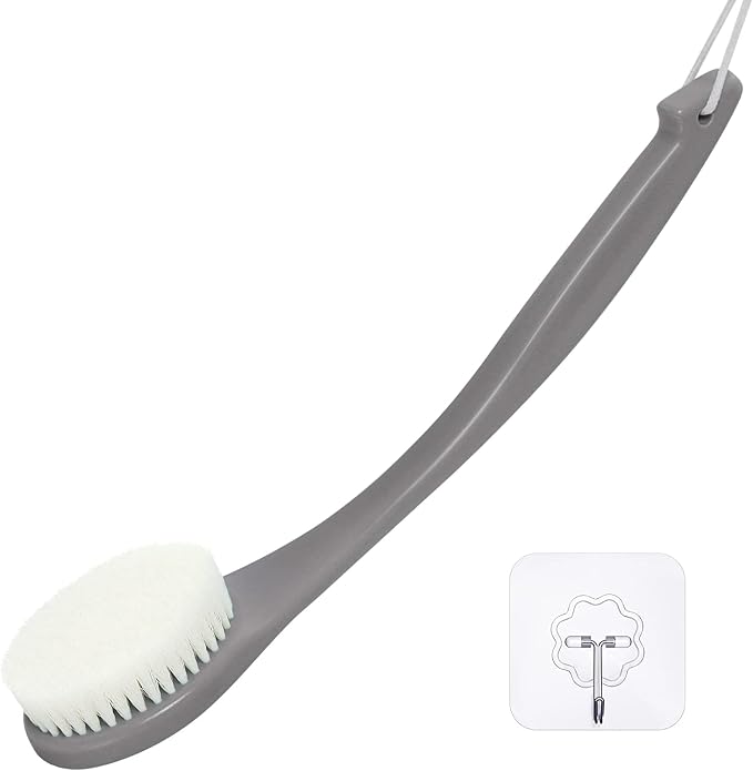 VANZAVANZU Exfoliating Shower Brush Back Scrubbers for Use in Shower, Plastic Bath Brush Long Handle for Shower with Moderate Bristles, Dry or Wet Back Brush for Shower Men Women-Grey