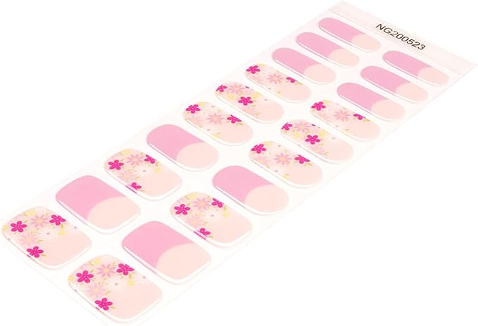 Flower Semi Cured Gel Nail Strips - 20Pcs Pink French UV Gel Nail Wraps with Colorful Floral Design, Long Lasting Salon-Quality Stickers, Includes Nails File & Wooden Stick - UV/LED Lamp Required