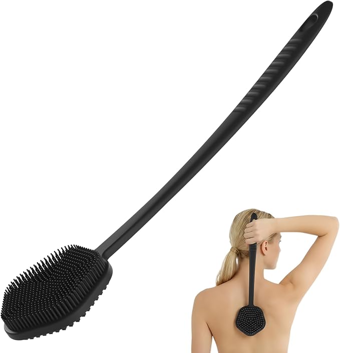 Redfly Silicone Back Scrubber for Shower Brush, 17 inch Long Handled Silicone Body Scrubber, Double Sided Shower Scrubber for Body Brush