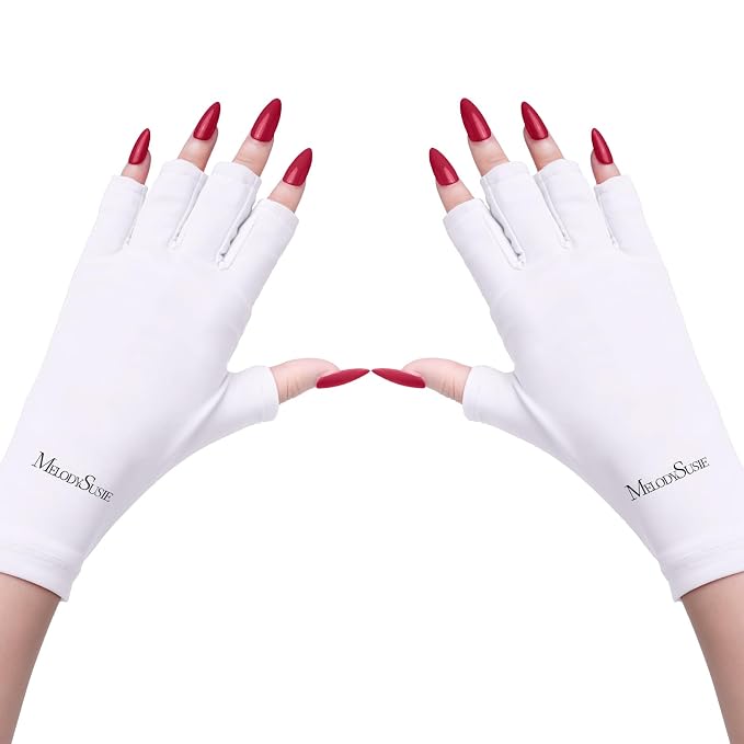 MelodySusie Premium Fingerless Protection UV Gloves for Gel Manicures | UPF50+ UV Blocking Fabric, Protect Hands from Sun and Nail Dryer Harm,Unisex for Salon & Home Gel Manicure,White