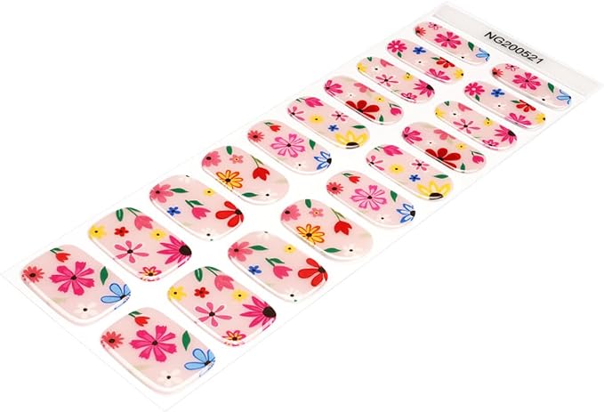 Summer Semi Cured Gel Nail Strips - 20Pcs Cute Flower Nail Wraps, Long Lasting Salon-Quality Stickers, Includes Nails File & Wooden Stick - UV/LED Lamp Required