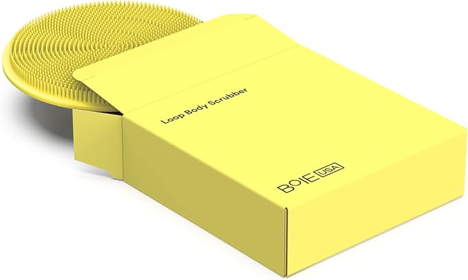 Boie USA Loop Body Scrubber - Soft Silicone-Like Exfoliating Shower Scrubber, Body Cleansing Brush - Hang-to-Wall Loofah Replacement - Antimicrobial Body Exfoliator for All Skin Types (Yellow)