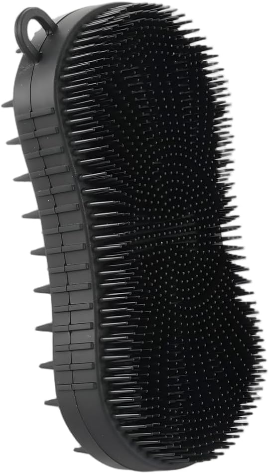 Silicone Body Scrubber, Double Sided Exfoliating Brush with Soft Flexible Bristles, Scalp Massage and Shampoo Tool with Hanger Loop (Black)