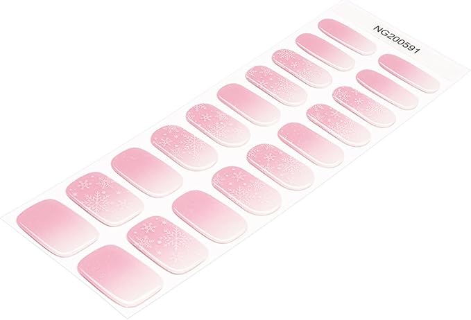Christmas Semi Cured Gel Nail Strips - 20Pcs Pink UV Gel Nail Wraps with Snowflake Design, Long Lasting Salon-Quality Stickers, Includes Nails File & Wooden Stick - UV/LED Lamp Required