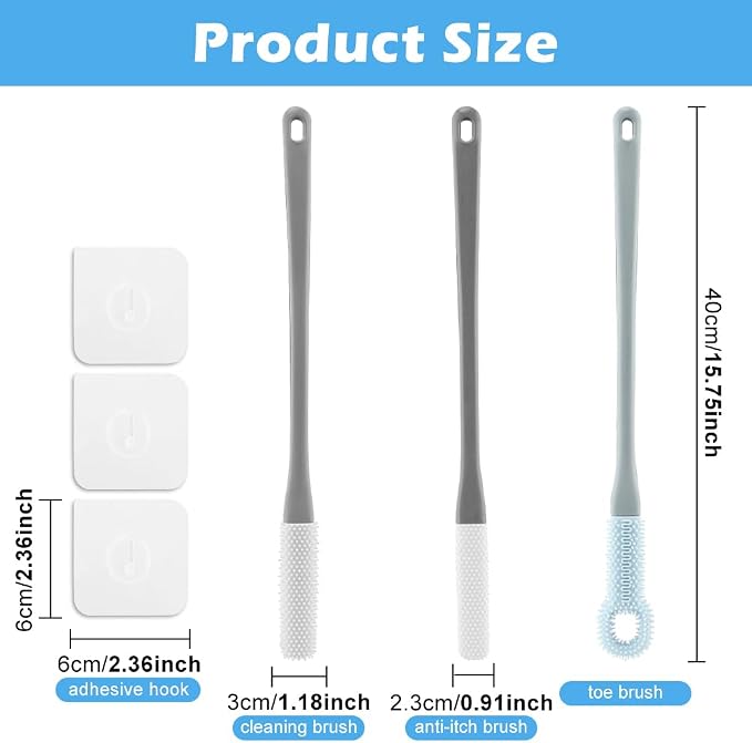 CALIDAKA 3 Pack Toe Scrubber Brush,with 15.75" Long Handle Silicone Shower Foot Scrubber,Toe Cleaning Brush,No Bending to Remove The Dead Skin of The Feet,for Elderly, Pregnant Women