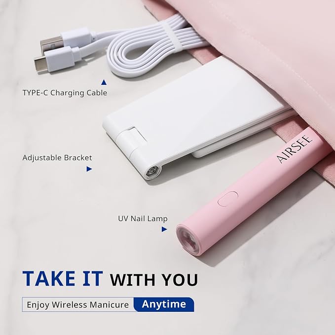 AIRSEE Mini Handheld UV Light for Gel Nails with Stand, Home & Travel,Pink | 2 Timers & Cordless,Portable Rechargeable Nail Lamps for Fast Extension,Rhinestone Glue Decoration,Gel Nail Strips