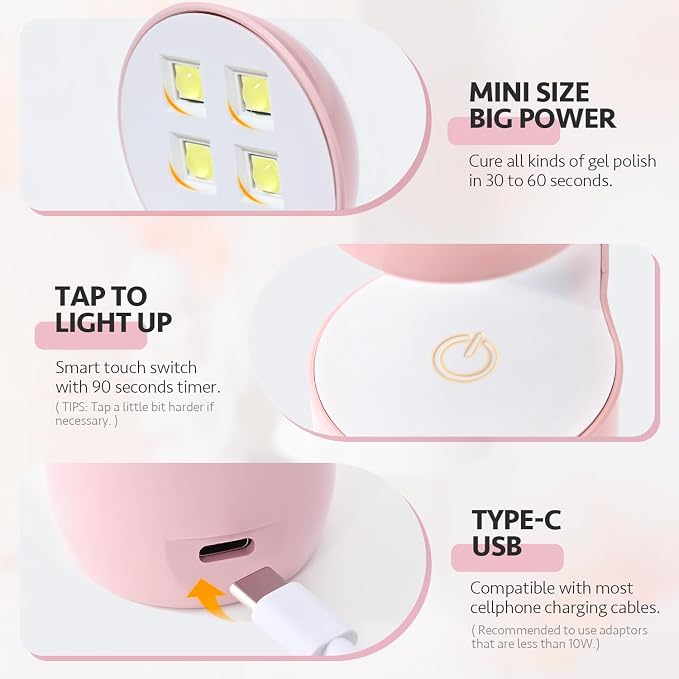GAOY Mini UV Light for Gel Nails, Small LED Nail Lamp, Fast Curing, Pink | Portable Travel Manicure, Perfect for Nail Tips & Quick Repairs, DIY Nail Art, USB-C Powered